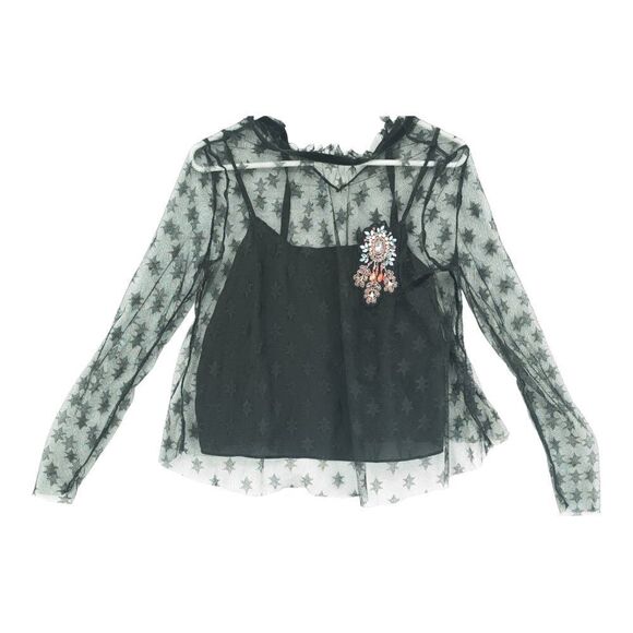 Zara XS Small Black Star Lace Top with Brooch - Picture 4 of 10